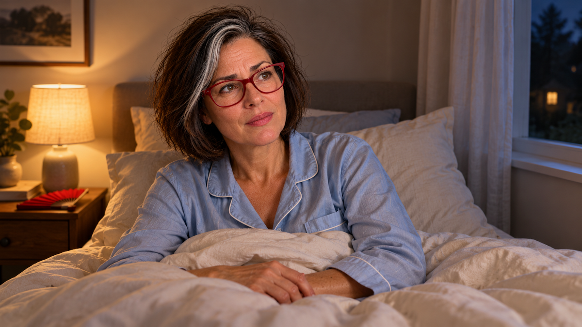Klara sitzt abends wach im Bett; ihre rote Brille und die silberne Haarsträhne sind gut sichtbar.