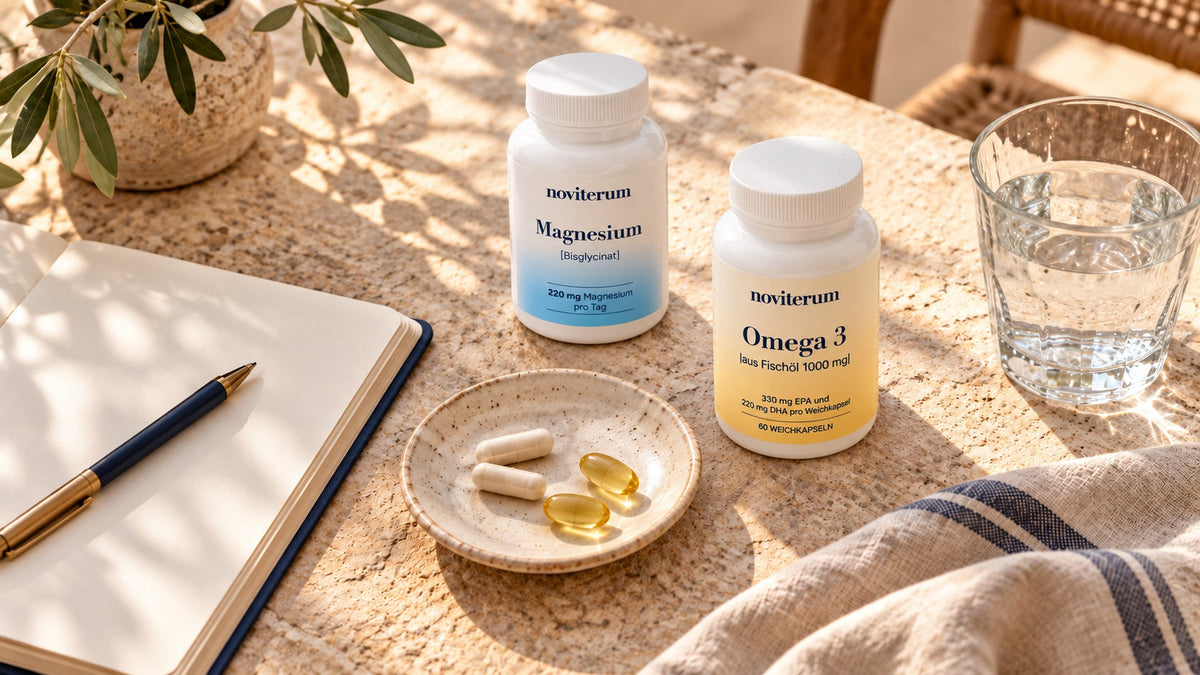 Noviterum Magnesiumbisglycinat und Omega-3 mit Kapseln und einem Glas Wasser auf einem Küchentisch.
