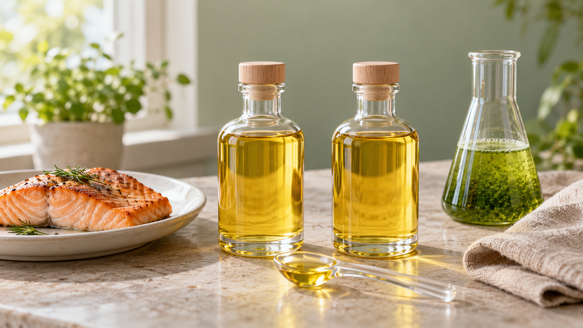 Zwei Ölproben neben einem Lachsgericht und einem Gefäß mit grüner Mikroalgenkultur als Illustration verschiedener Omega-3-Quellen.
